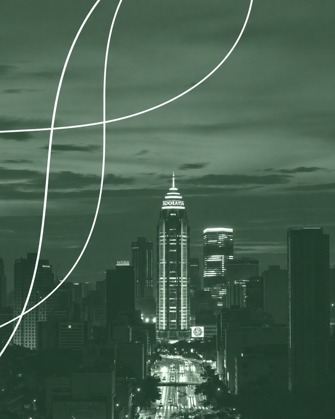 Aerial night view of Hong Kong’s illuminated skyline and Victoria Harbour, overlaid with white curved graphic lines.